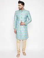 Silk Blend Ogee Floral Pattern Brocade Sherwani with Gold Churidar Pajama