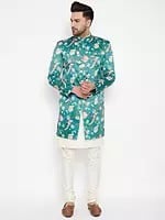 Silk Blend Printed Bird-Tree Indo-western Sherwani with Cream Viscose Kurta Pajama