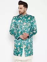 Blue Silk Blend Bird-Tree Printed Indo-western Sherwani