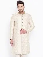 Beige Silk Blend Embroidered Mughal Jaal Pattern Brocade Sherwani