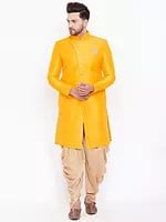 Silk Blend Angrakha Style Sherwani with Cotton Blend Rose Gold Dhoti