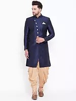Silk Blend Angrakha Style Sherwani with Cotton Blend Rose Gold Dhoti