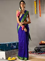 Art Silk Floral-Peacock Motif Zari Border Saree from Tamil Nadu