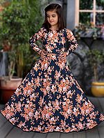 Blue Color Heavy Chinon Silk All-Over Floral Print Kids Lehenga Choli