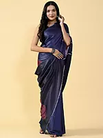 Royal-Blue Heavy Satin Silk Dried Leaf Venation Digital Printed Saree with Matching Silk Blouse