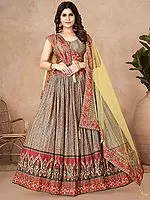 Multicolor Heavy Chinon Silk Digital Printed Crushed Lehenga Choli With Heavy Net Dupatta