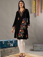 Aari Floral Embroidery Black Woolen Kurti with Detailed Colorful Traditional Kashmiri Motifs