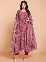 Maroon Faux Georgette Paisley Pattern Print Anarkali Suit with Matching Dupatta and Cotton Pant