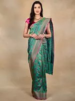 Sea Green Banarasi Saree with Magenta Pink Border and Golden Zari Motifs