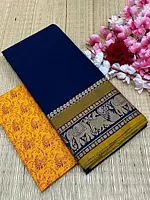 Royal-Blue Chettinadu Pure Cotton Saree With Elephant-Peacock Motif Border And Paisley Vine Pattern Blouse