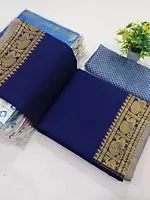 Royal-Blue Chettinadu Pure Cotton Saree With Peacock Zari Weave Border And Blouse