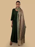 Pashmina Khaki Shawl with Multicolored Borders and Detailed Kalamkari Embroidery