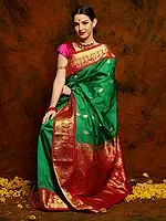 Emerald Green Kanjivaram Silk Saree with Magenta Border and Golden Traditional Motif Threadwork