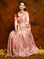 Blush Pink Silk Saree with Floral Ari Embroidery from Kashmir