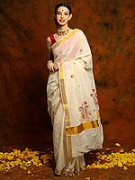 Off White Onam Saree with Golden Border and Traditional Sequined