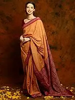 Tangerine Cotton Bomkai Saree with Maroon Palla and Traditional Motifs