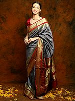 Dark Grey Kanjivaram Silk Saree with Maroon and Golden Border and Rich Palla