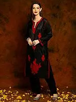 Kashmiri Black Silk Phiran with Paisley Red Aari Embroidery