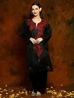 Kashmiri Black Silk Phiran with Red Paisley Aari Embroidery