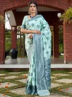 Turquoise-Blue Banarasi Silk Saree with Mughal Butti Motif and Dimond Pattern Border