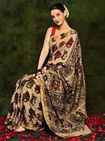 Beige Hand Painted Kalamkari Maheshwari Cotton Saree with Golden Fine Threads