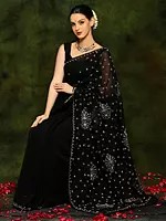 Lucknow Chikankari Black Chiffon Cotton Saree with White Embroidery