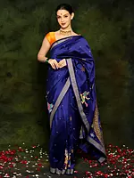 Handpainted Pattachitra Art on Royal Blue Bomkai Silk Saree with Detailed Border