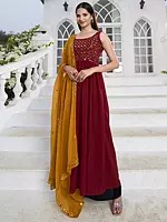 Georgette Thread-Sequins Embroidered Nayra Cut Red Salwar with Yellow Palazzo and Blue Designer Dupatta