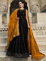 Georgette Thread-Sequins Embroidered Stripe Pattern Anarkali Gown with Shimmer Yellow Dupatta