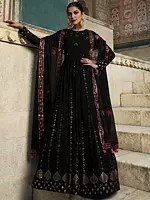 Georgette Laddi Pattern Anarkali Gown with Sequins-Thread Embroidery and Matching Dupatta