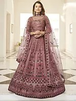 Dusty-Cedar Silk Mughal Pattern Lehenga Choli with Thread Sequins Embroidery and Net Dupatta