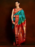 Royal Sheen Ocean Blue Pure Silk Maharani Paithni Saree with Chattai Border and Zari Butta