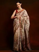 Sheen Coffee Brown Art Silk Saree with Pastel Colored Floral Prints and Copper Brocade Border