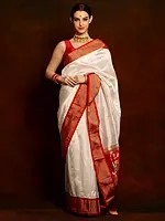 Pearl White Pure Silk Maharani Paithni Saree with Chattai Border and Zari Butta