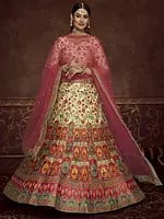 Art Silk Mughal-Floral Motif Print with Embroidered Beige Lehenga Choli and Net Dupatta