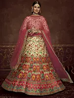 Art Silk Mughal-Floral Motif Print with Embroidered Beige Lehenga Choli and Net Dupatta