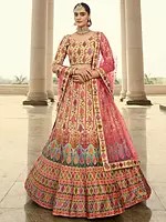 Beige Art Silk Mughal Pattern Print-Swarovski Work Lehenga Choli with Net Pink Dupatta