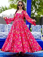Bright-Pink Digital Ethnic Printed Georgette Flared Anarkali Gown