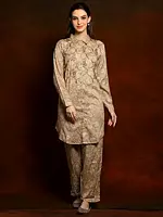 Pure Linen Printed and Collared Co-ord set with Glass Sequins on the Neck