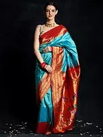 Ocean Blue Pure Silk Paithani Saree with Brocade Border and Zari Butta