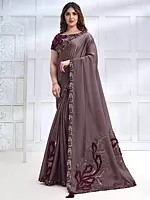 Purple-Dove Crepe Satin Silk Saree with Banglori Silk Blouse and Cord, Sequins, Stone Embroidery