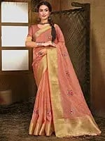 Organza Leaf Motif Saree With Blouse And Latkan Pallu