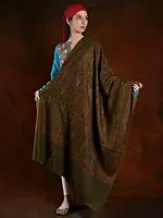 Army-Green Pashmina Handspun Shawl with Cotton Embroidery