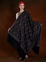 Black Handspun Pashmina Shawl with Floral Motif and Cotton Embroidery