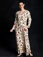 Poly Cotton Floral Paisley Vine Pattern Printed Gown with Bead-Mirror Embroidery