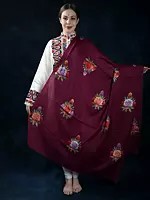 Raspberry-Coulis Floral Motif Pure Wool Shawl with Aari Embroidery by Hand