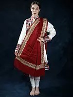 Karanda-Red Wool Plain Shawl from Amritsar with Zari Paisley Embroidery on Border