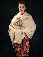 Almond-Milk Floral Aari Hand-Embroidered Pure Wool Shawl from Srinagar