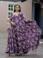 Eggplant-Purple Faux Georgette Floral Motif Gown With Designer Lace Border Dupatta
