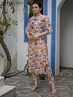 Floral Pattern Co-Ord Set Printed Kurta with Tassels Button